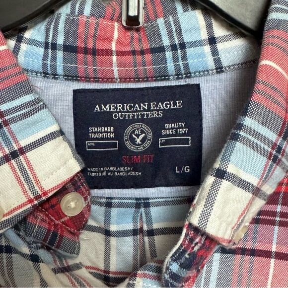 Men's Red Blue Plaid Shirt button down size Large L slim fit American Eagle - Picture 3 of 5